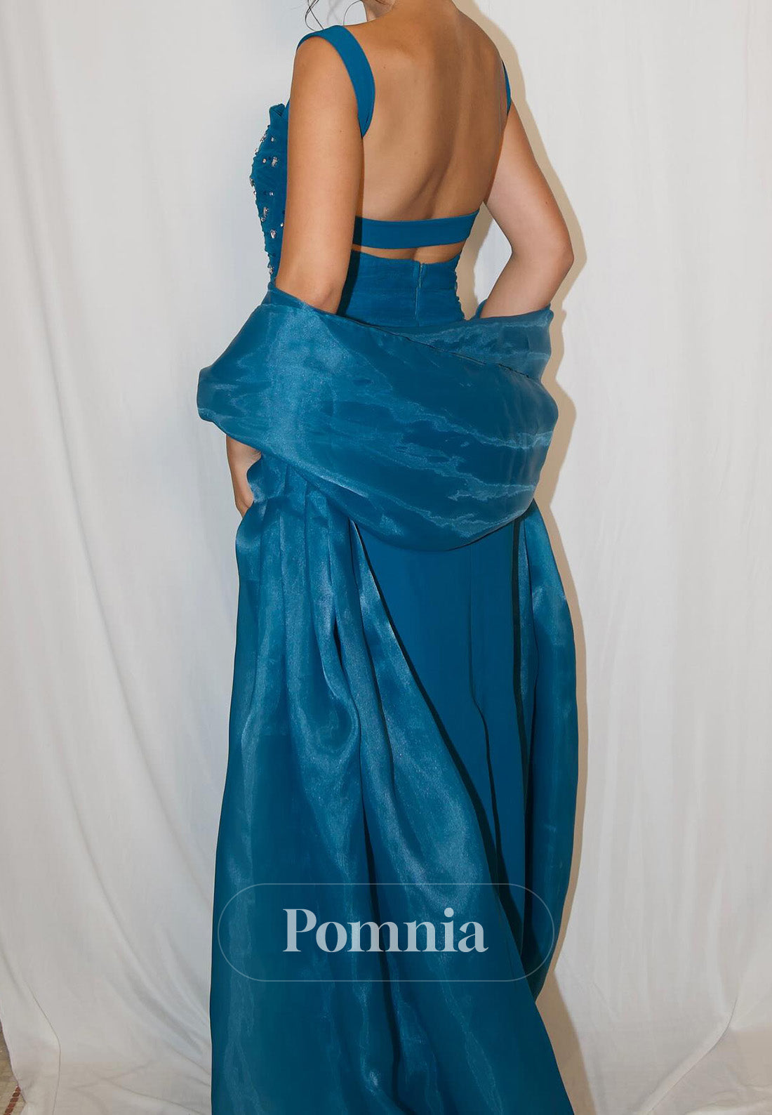 Blue Jay Spaghetti Straps Square Beads Sheath Evening Dress