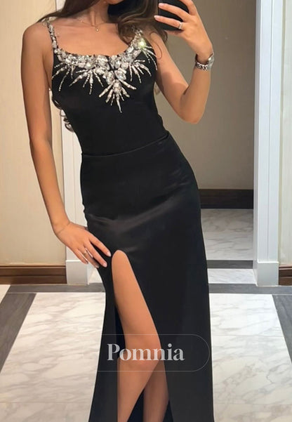 Black Spaghetti Straps V-Neck Slit Beads Prom Dress