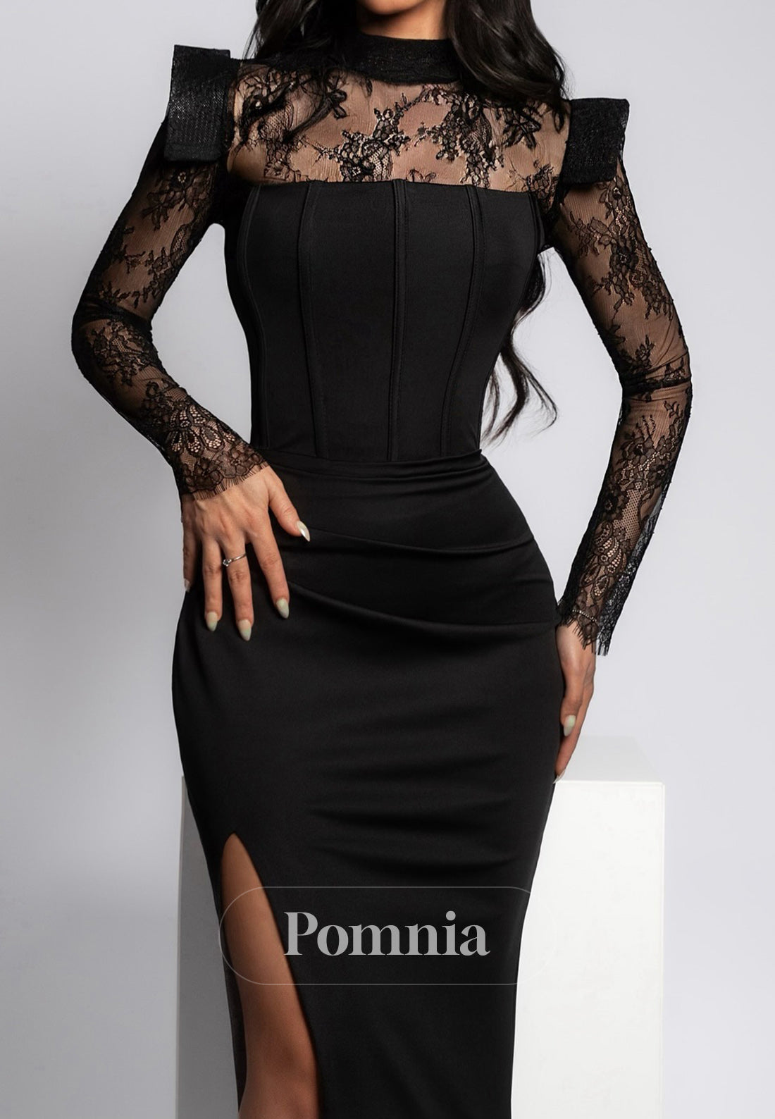 Black Long Sleeves High Neck Slit Evening Dress