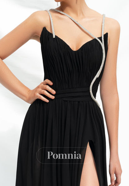 Black Spaghetti Straps V-Neck Slit Corset Evening Dress