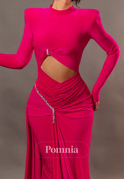 Fuchsia Long Sleeves Scoop Slit Evening Dress