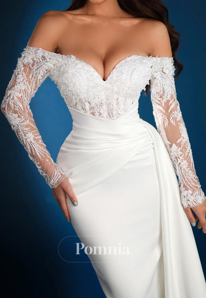 Sheath Long Sleeves Off-Shoulder Ruched Wedding Dress