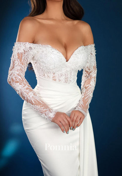 Sheath Long Sleeves Off-Shoulder Ruched Wedding Dress