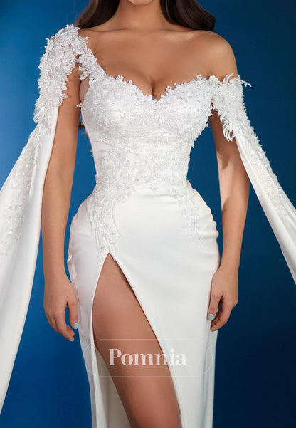 Sheath Cap Sleeves Sweetheart Slit Appliques Satin Wedding Dress