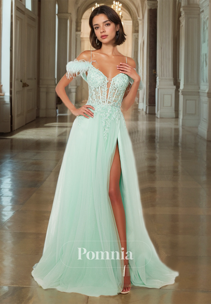 Mint Green Lace Corset Tulle Appliques Evening Dress with Slit Feathers Lace-Up Back Prom Party Dress