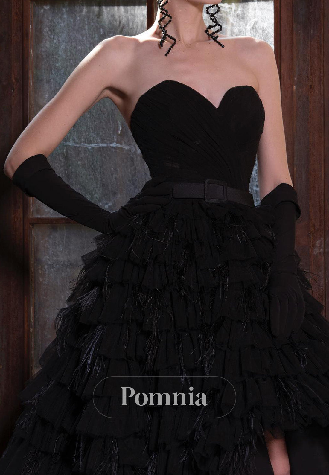 Black Sweetheart A-Line Ruffles Slit Feathers Evening Dress