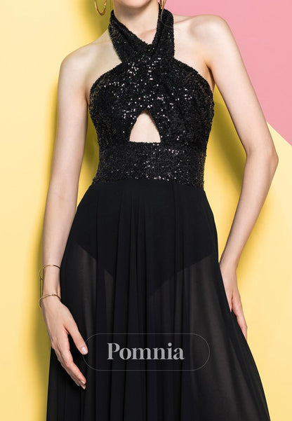 Black Halter Sleeveless A-Line Sequins Evening Dress