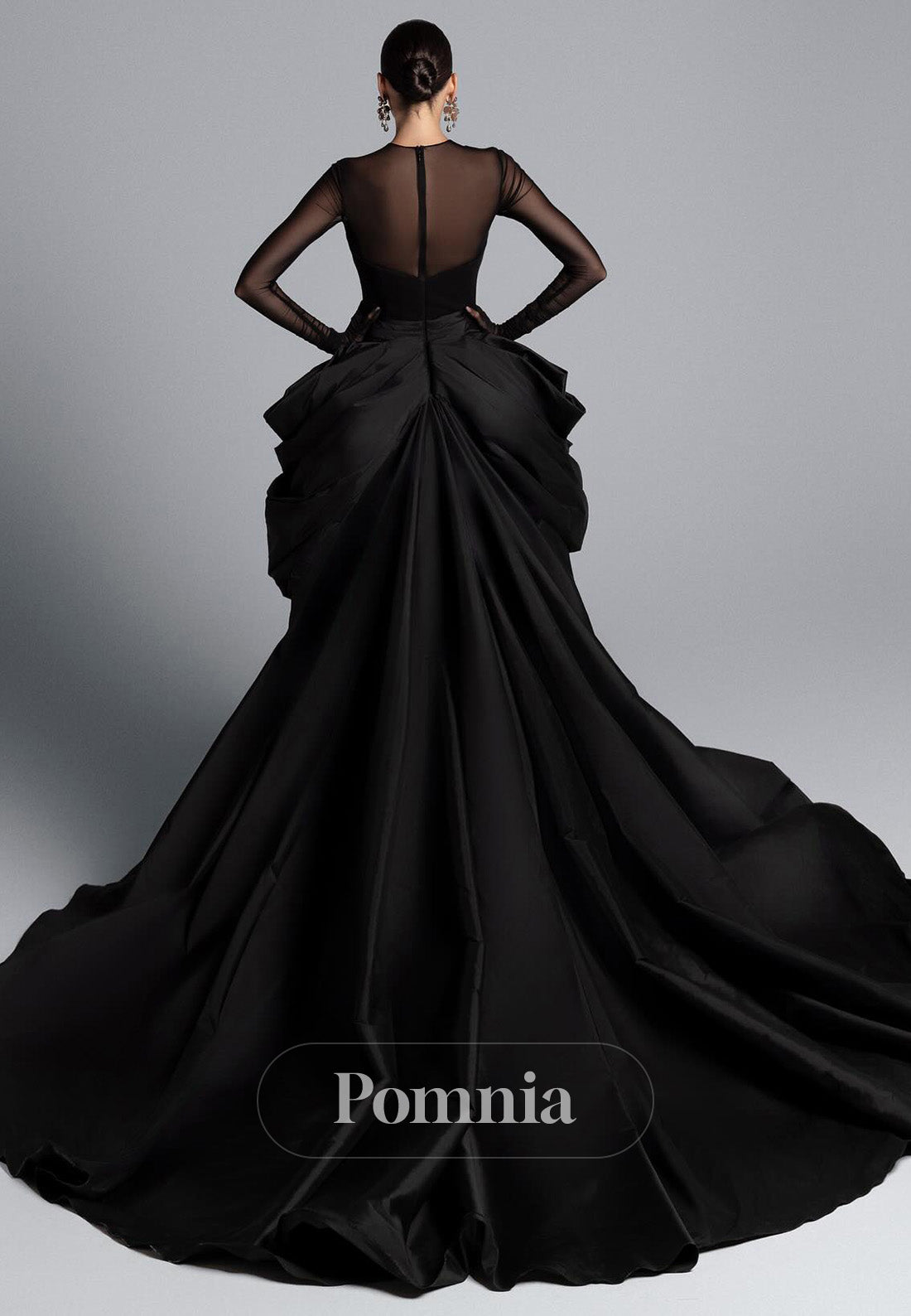 Black A-Line Long Sleeves Scoop Ruffles Evening Dress