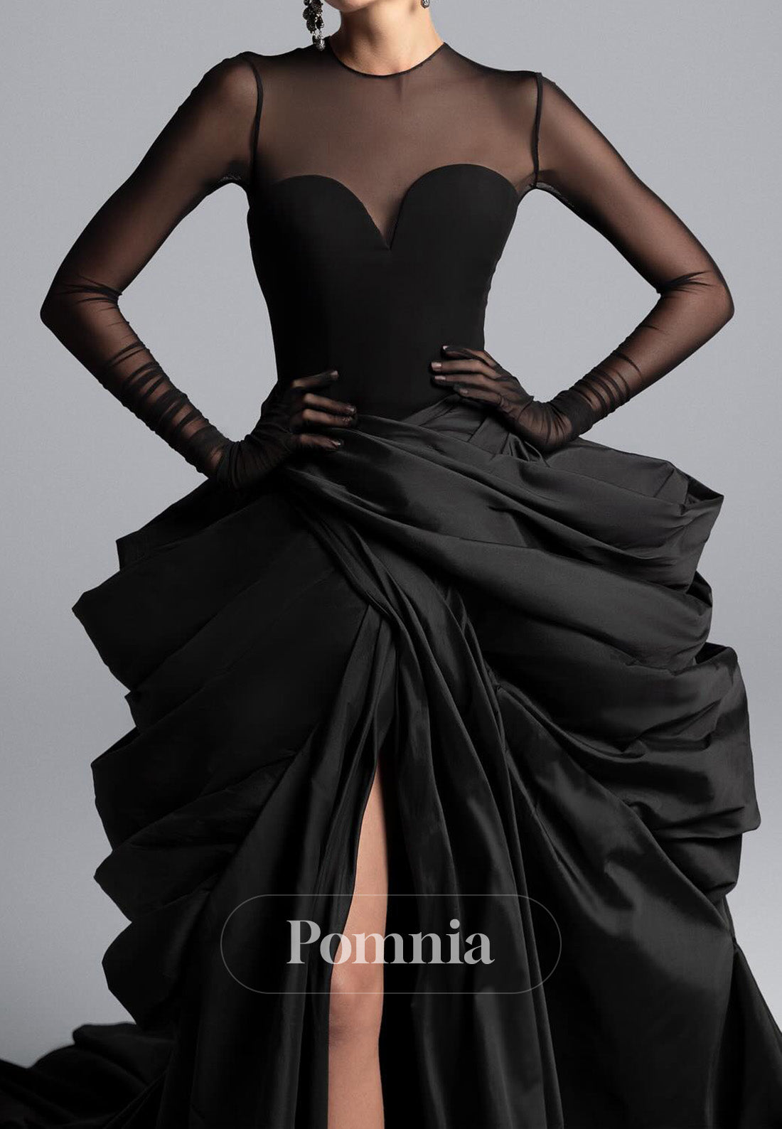 Black A-Line Long Sleeves Scoop Ruffles Evening Dress