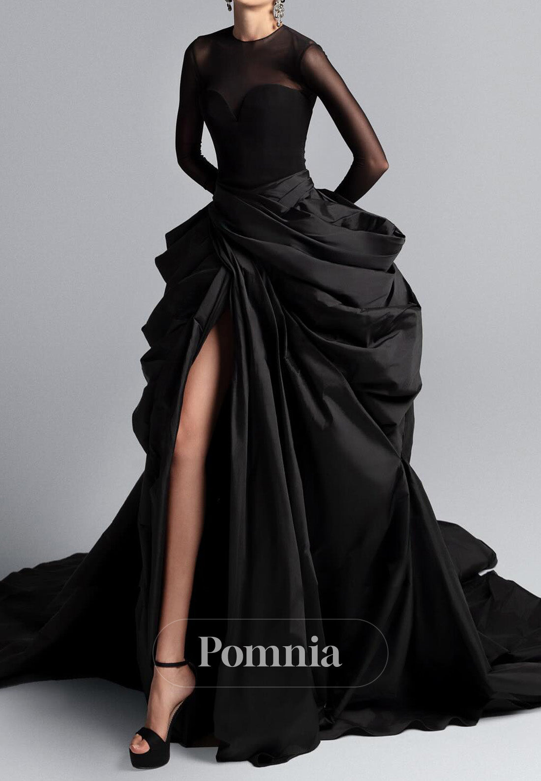 Black A-Line Long Sleeves Scoop Ruffles Evening Dress