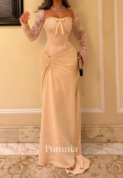 Daffodil Long Sleeves Square Ruched Sequins Evening Dress