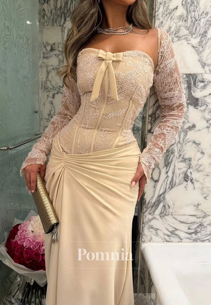 Daffodil Long Sleeves Square Ruched Sequins Evening Dress