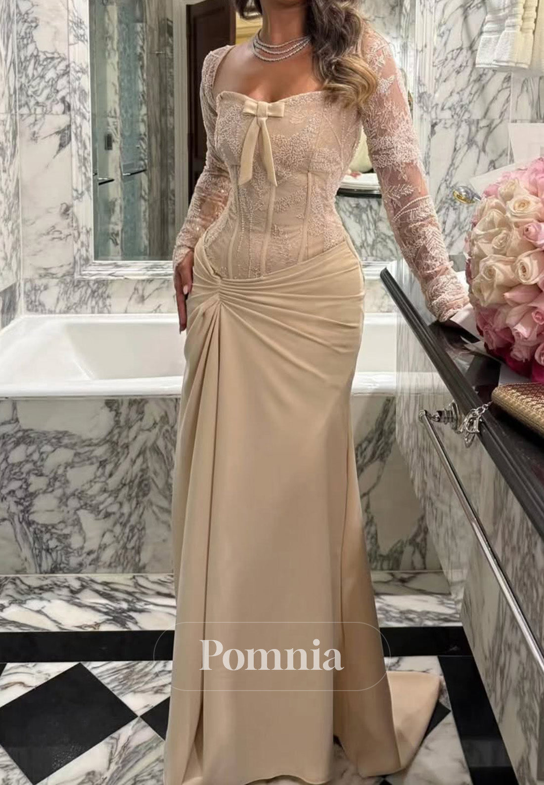 Daffodil Long Sleeves Square Ruched Sequins Evening Dress