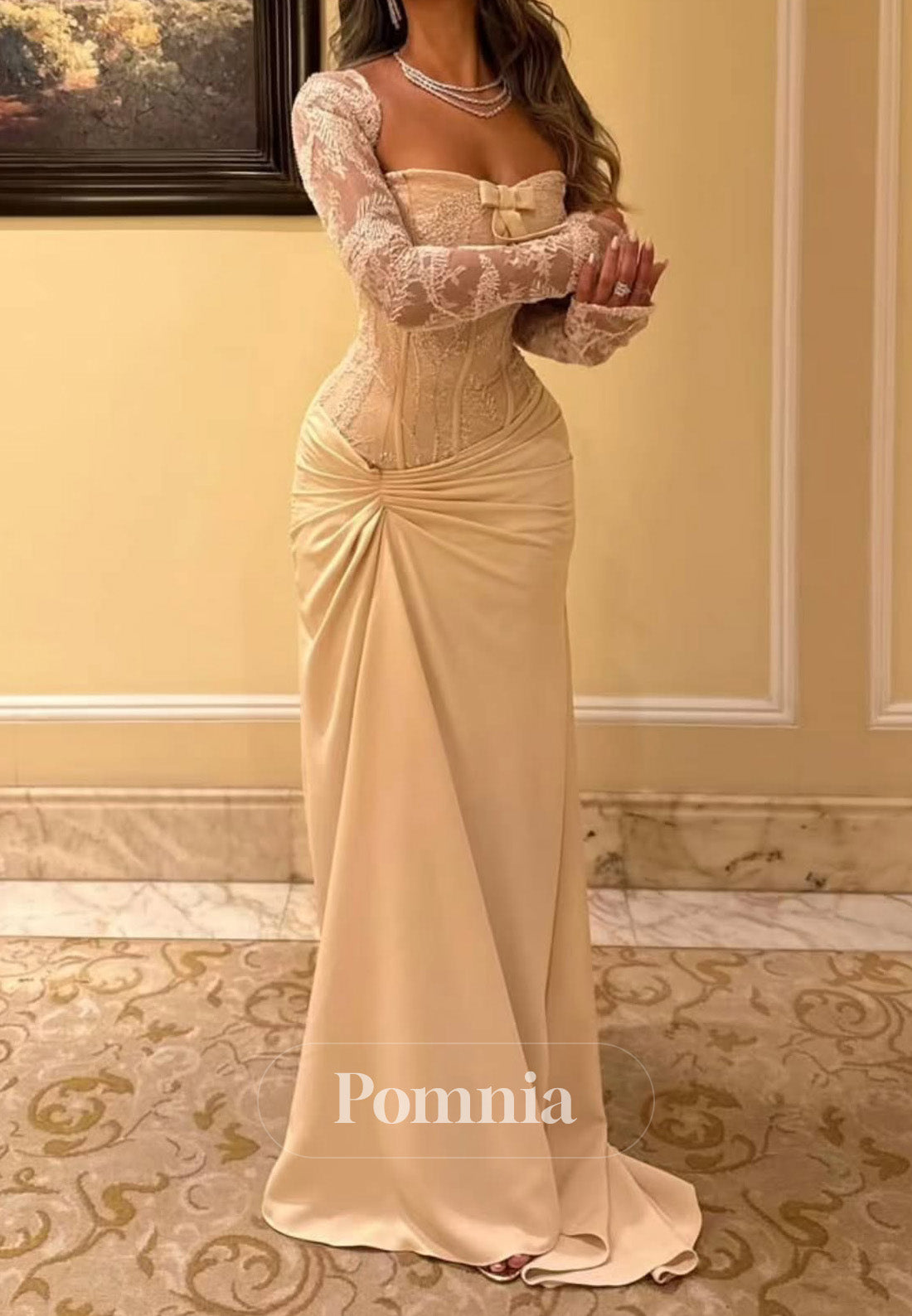 Daffodil Long Sleeves Square Ruched Sequins Evening Dress