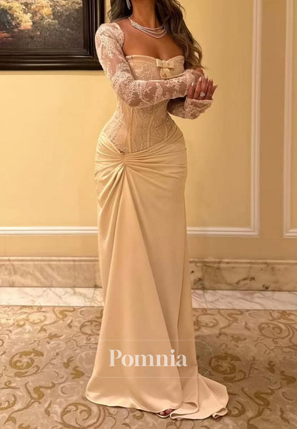 Daffodil Long Sleeves Square Ruched Sequins Evening Dress