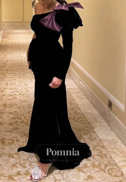 Black Long Sleeves Bowknot A-Line Evening Dress