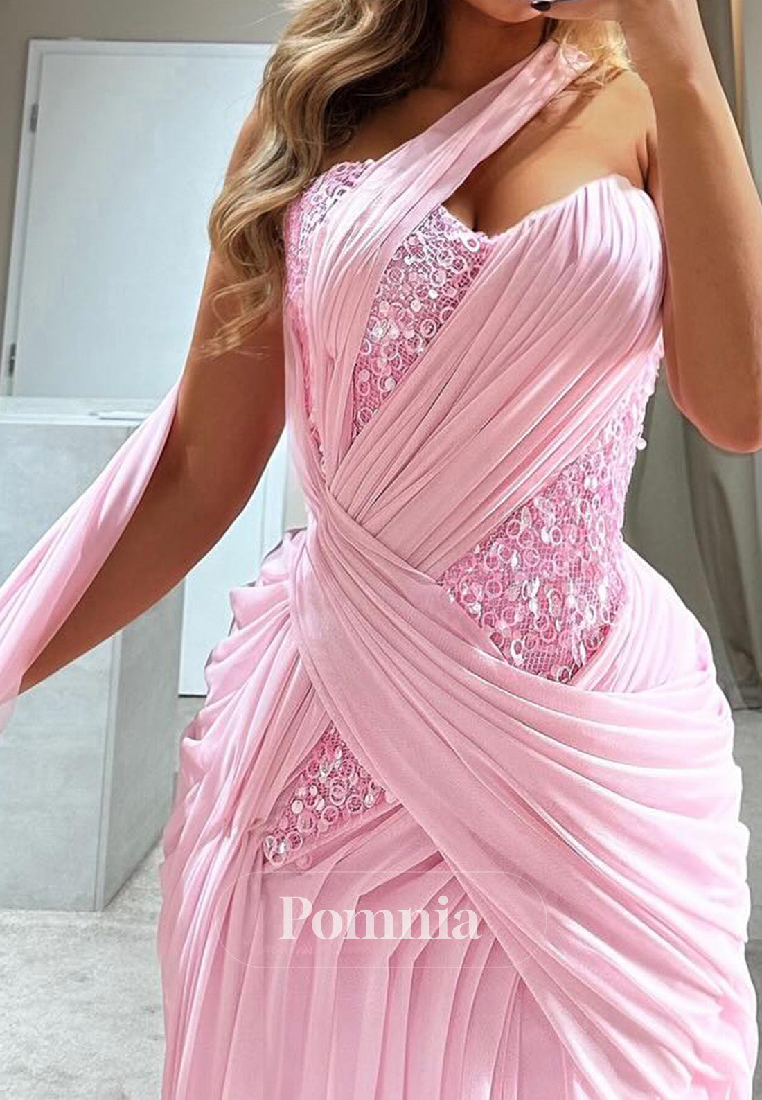 Blushing Pink Asymmetrical Sleeveless Ruched A-Line Evening Dress