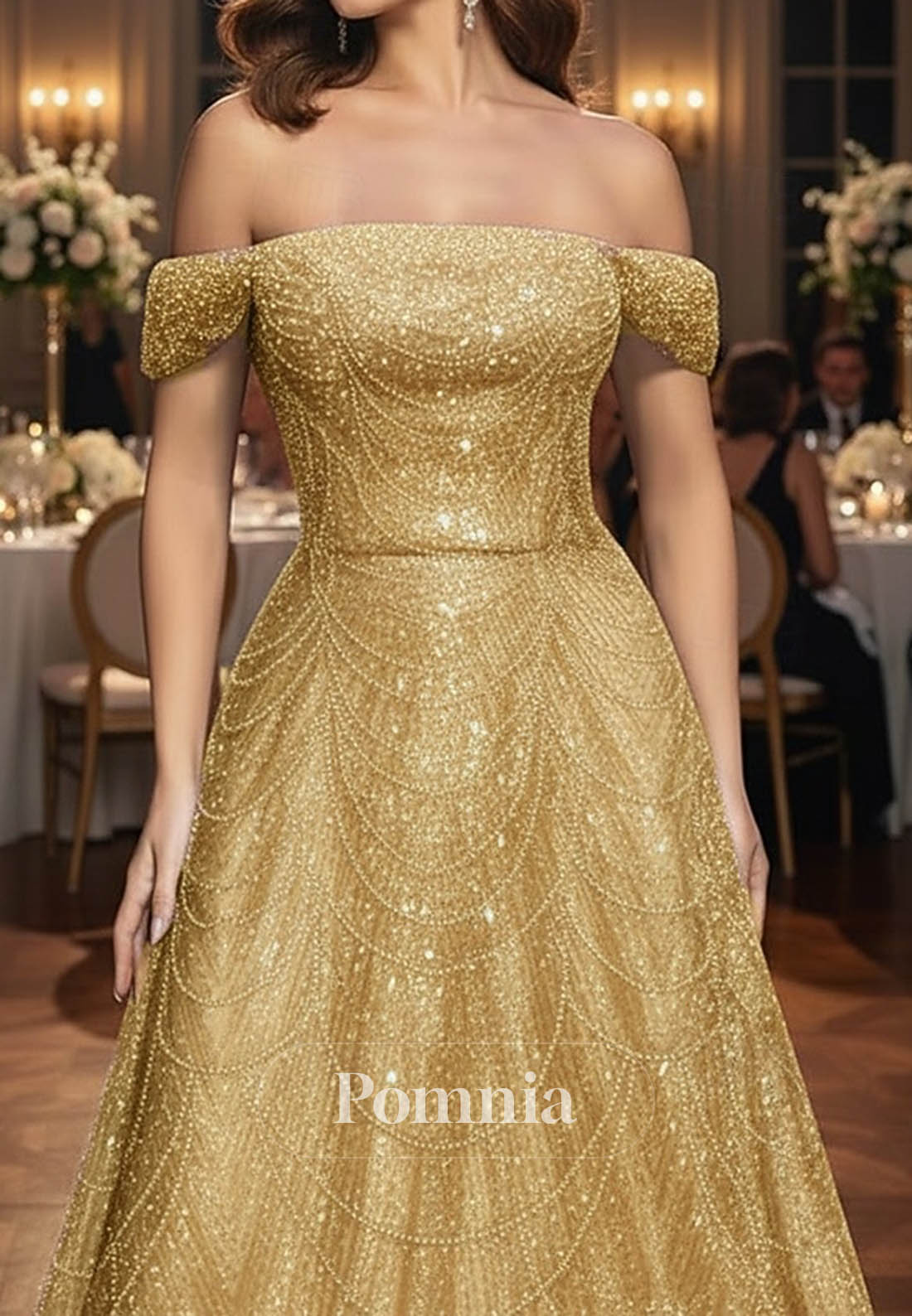 A-Line Off-Shoulder Cap Sleeves Sequins Evening Dress