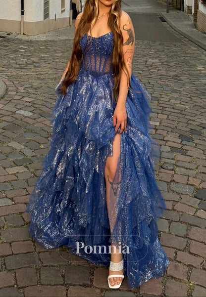 Blue Jay Sleeveless Strapless Corset Tulle Prom Dress