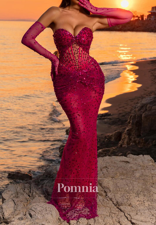 Fuchsia Sleeveless Strapless Beads A-Line Prom Dress