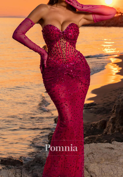 Fuchsia Sleeveless Strapless Beads A-Line Prom Dress