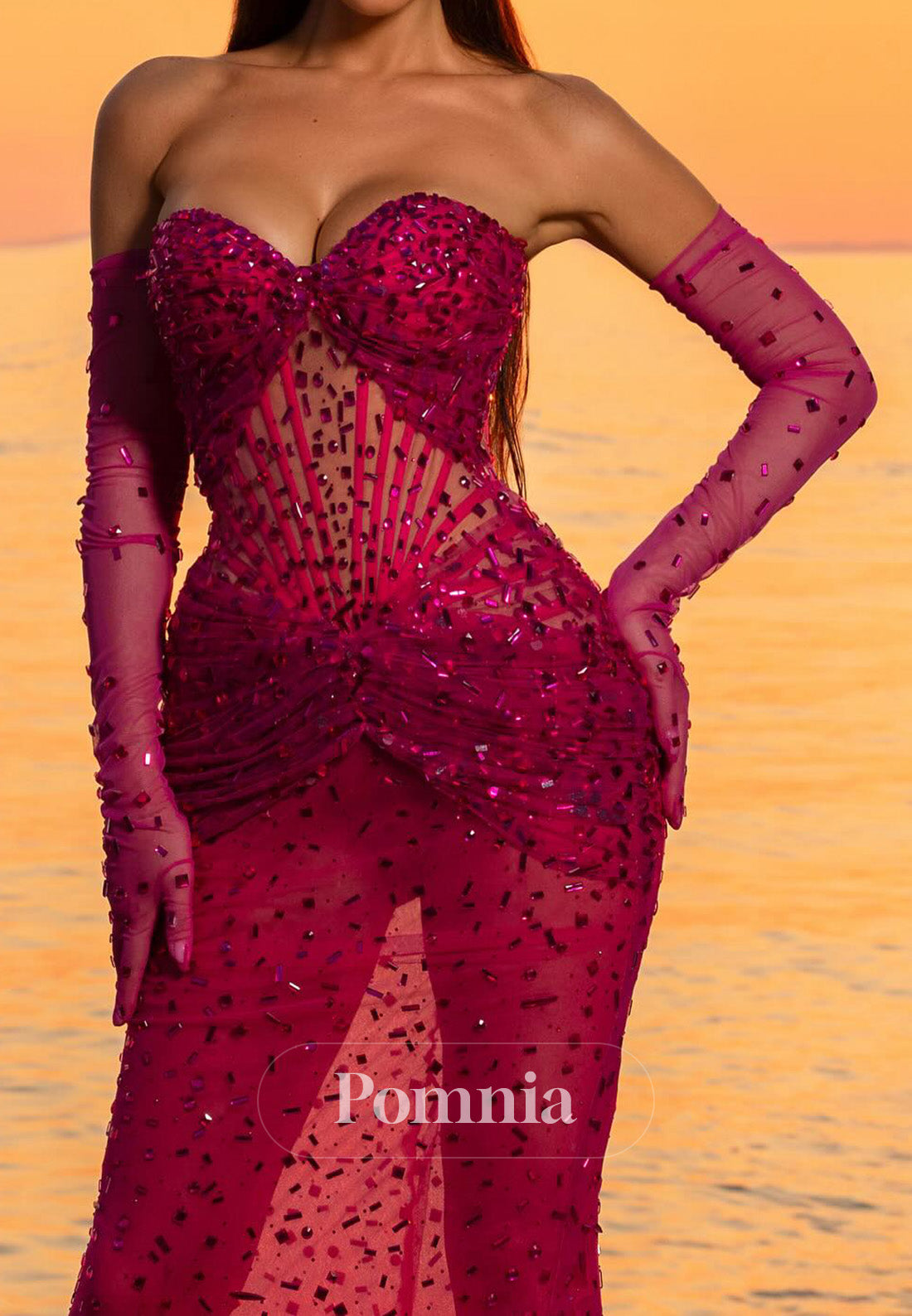 Fuchsia Sleeveless Strapless Beads A-Line Prom Dress