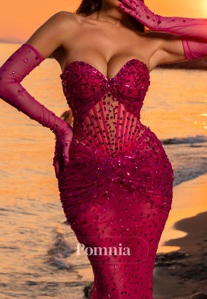 Fuchsia Sleeveless Strapless Beads A-Line Prom Dress