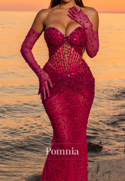 Fuchsia Sleeveless Strapless Beads A-Line Prom Dress