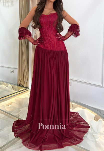 Red Sleeveless Corset A-Line Chiffon Prom Dress