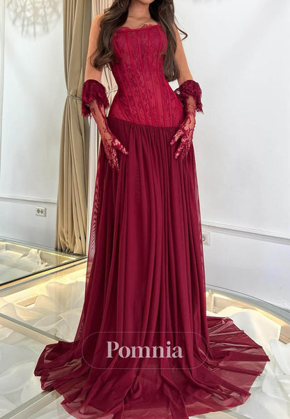 Red Sleeveless Corset A-Line Chiffon Prom Dress