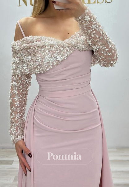 Charming Long Sleeves Sweetheart Pearls Ruched Prom Dress