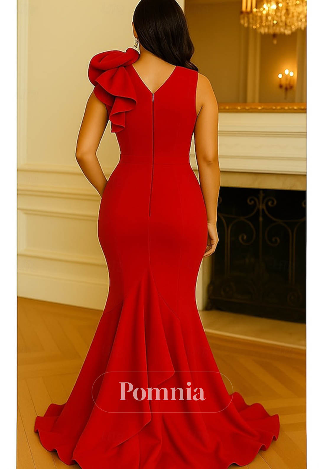 Spaghetti Straps V-Neck Ruffles Mermaid Evening Dress