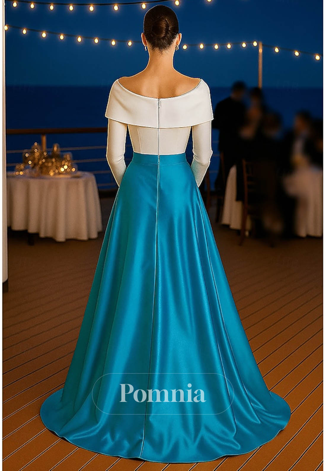 Longh Sleeevs Scoop Appliques Ruched Evening Dress