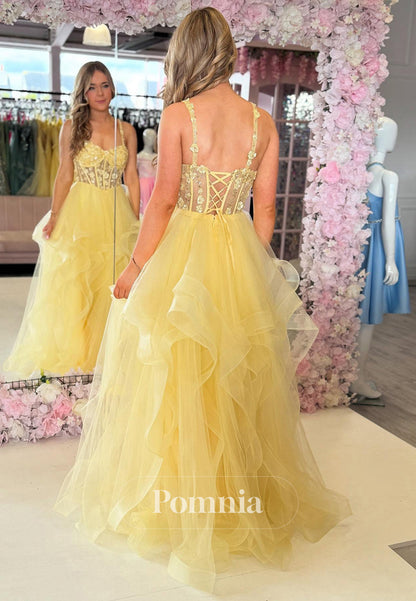 Daffodil A=Line Spaghetti Straps Sweetheart Corset Tulle Prom Dress