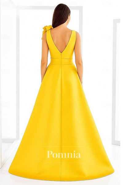 A-Line Spaghetti Straps V-Neck Floral Appliques Evening Dress