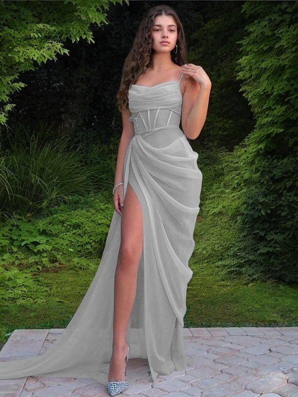 Sheath/Column Organza Ruched Spaghetti Straps Sleeveless Sweep/Brush Train Dresses