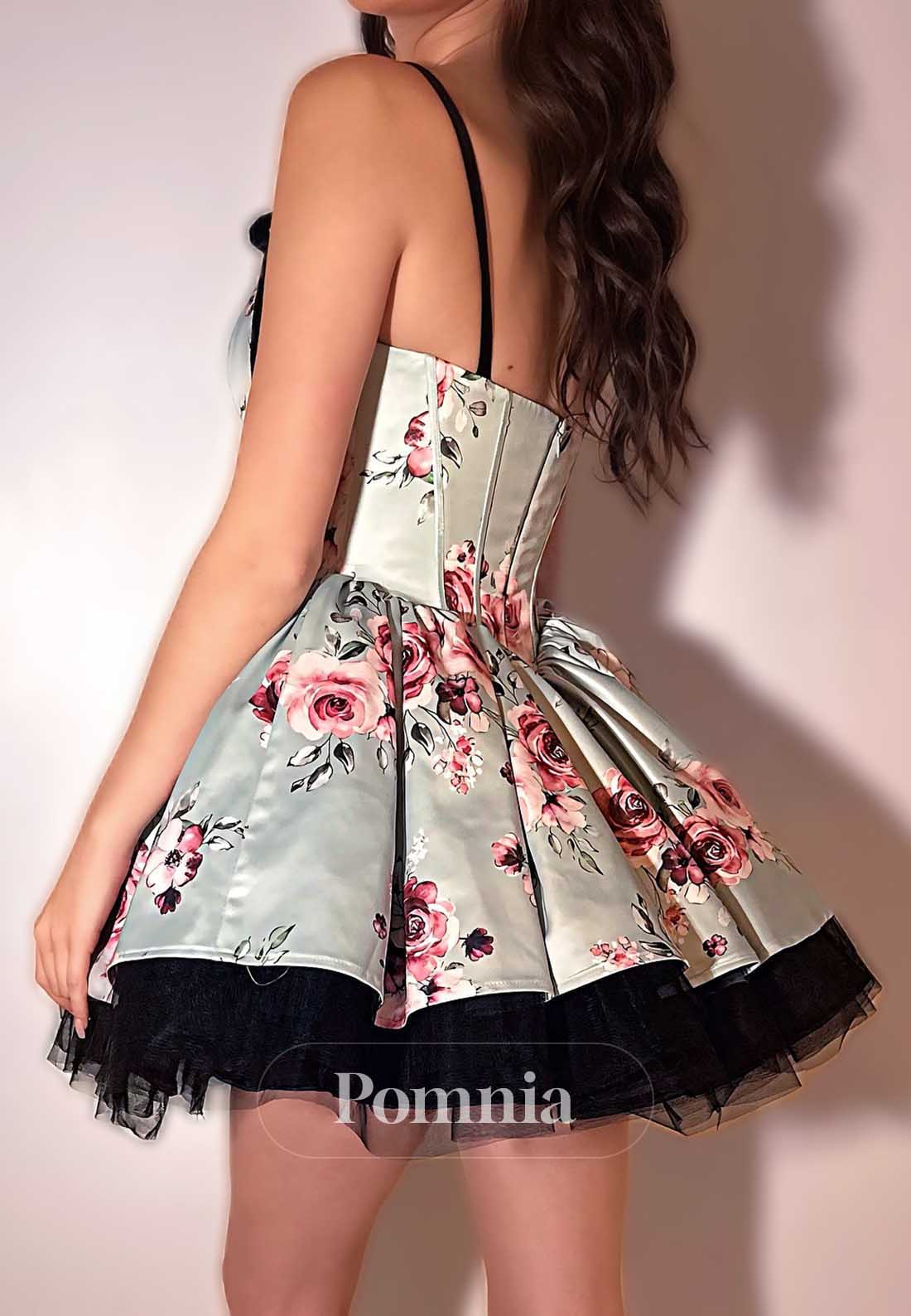Spaghetti Straps Sweetheart Floral Short Homecoming Dress