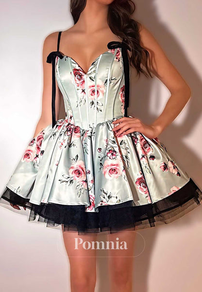 Spaghetti Straps Sweetheart Floral Short Homecoming Dress