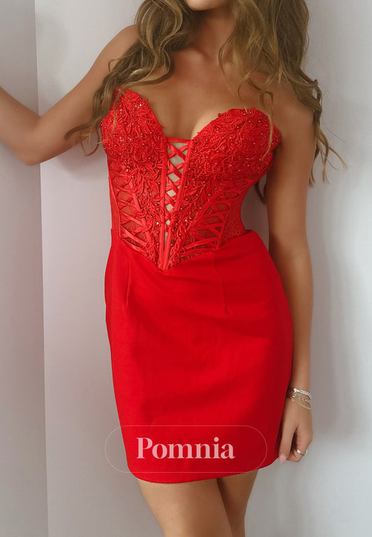 Red Sleeveless Strapless Appliques Ruched Mini Homecoming Dress