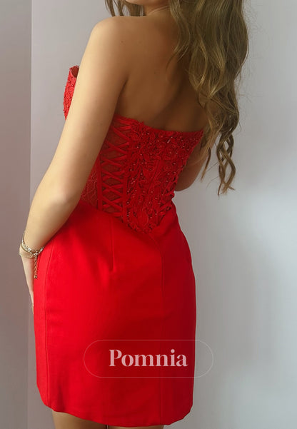 Red Sleeveless Strapless Appliques Ruched Mini Homecoming Dress