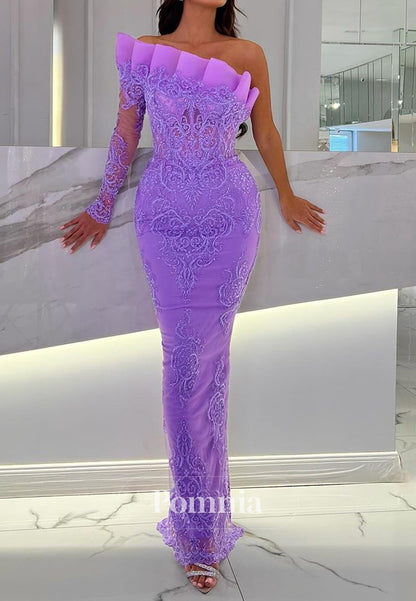 Sheath One Shoulder Long Sleeves Appliques Evening Dress