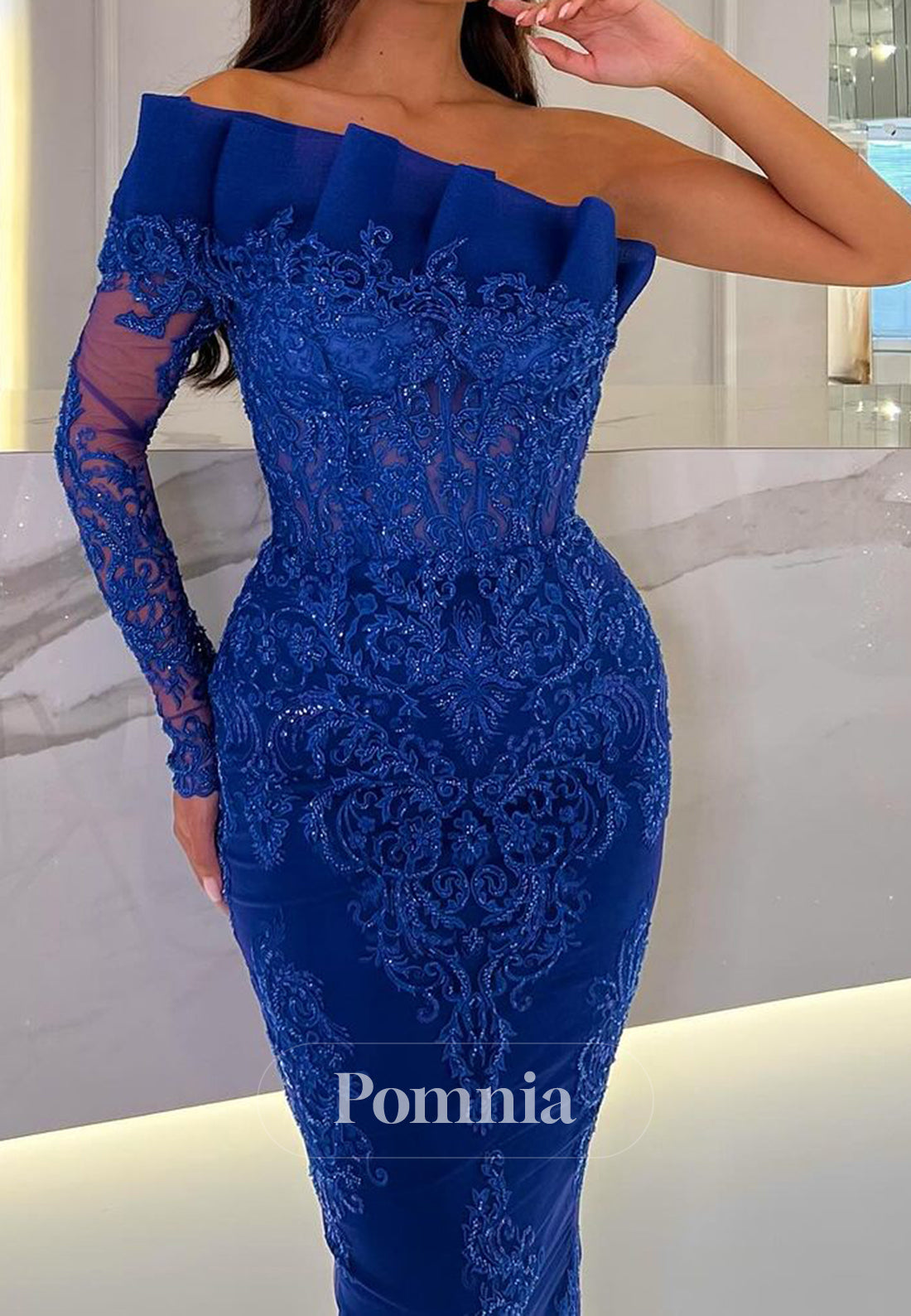 Sheath One Shoulder Long Sleeves Appliques Evening Dress
