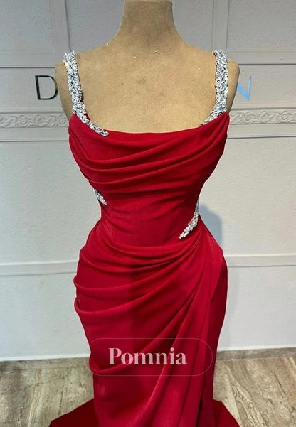Red Spaghetti Straps Scoop Corset Ruched Slit Prom Dress