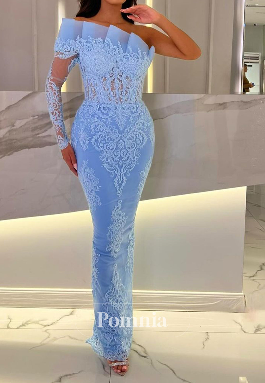 Sheath One Shoulder Long Sleeves Appliques Evening Dress