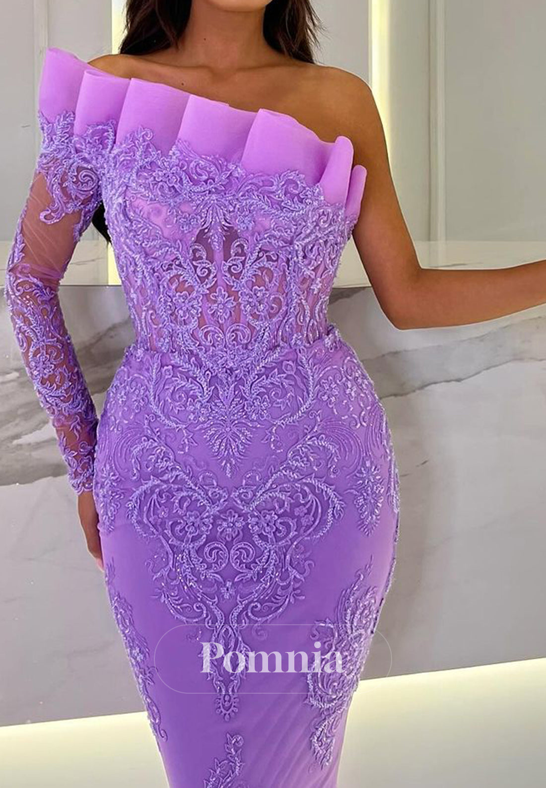 Sheath One Shoulder Long Sleeves Appliques Evening Dress