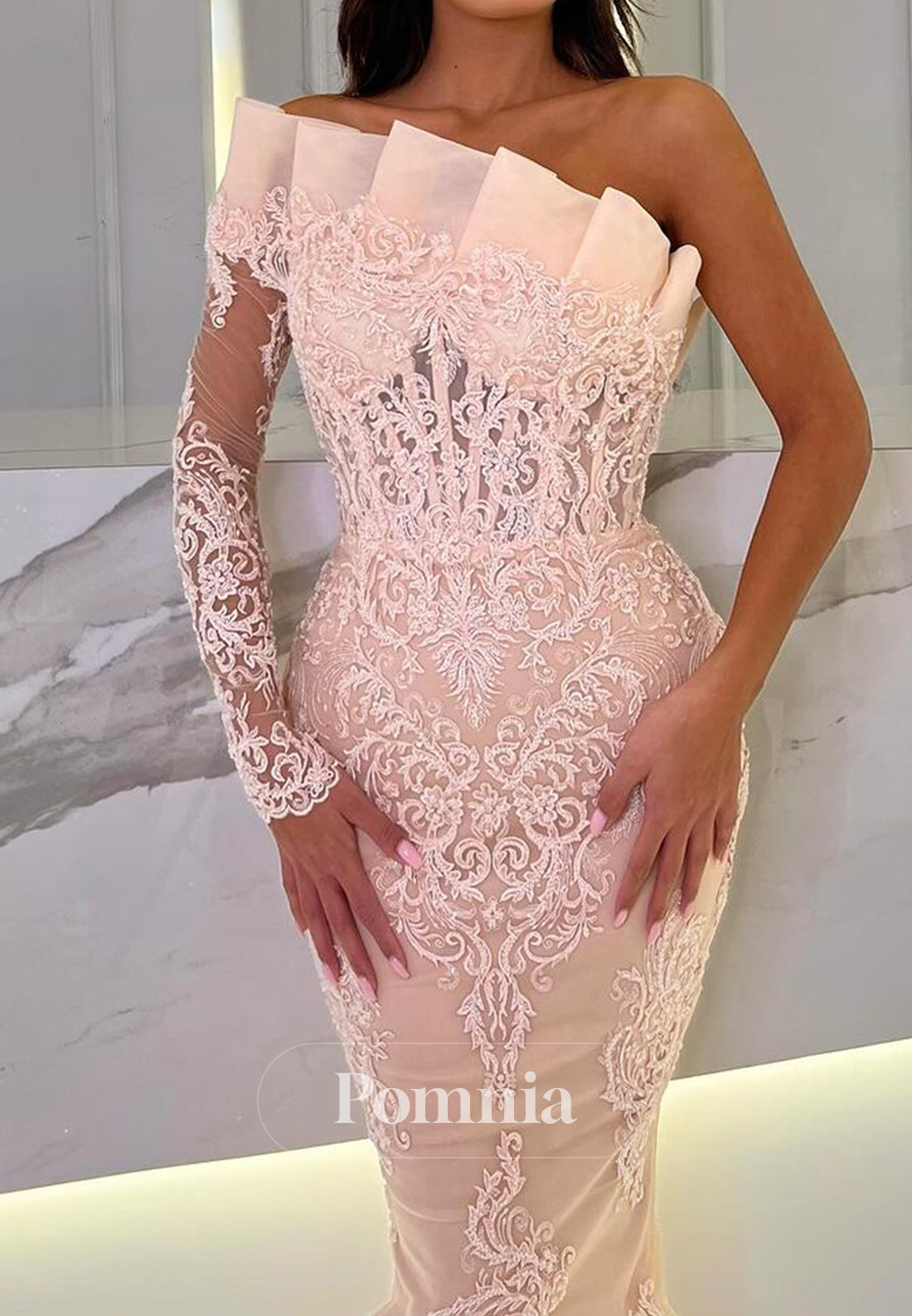 Sheath One Shoulder Long Sleeves Appliques Evening Dress