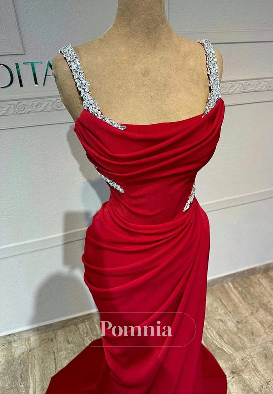 Red Spaghetti Straps Scoop Corset Ruched Slit Prom Dress