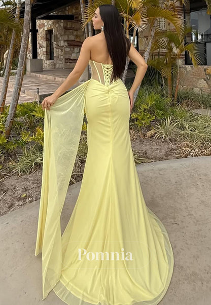 Daffodil Sleeveless Strapless Slit Corset Tulle Prom Dress
