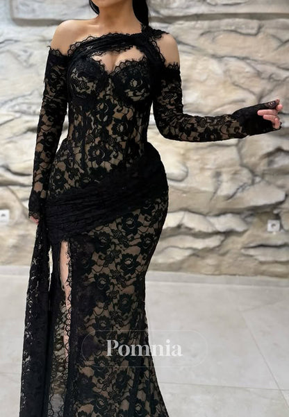 Black Long Sleeves Asymmetraical Slit Ruched Lace Prom Dress