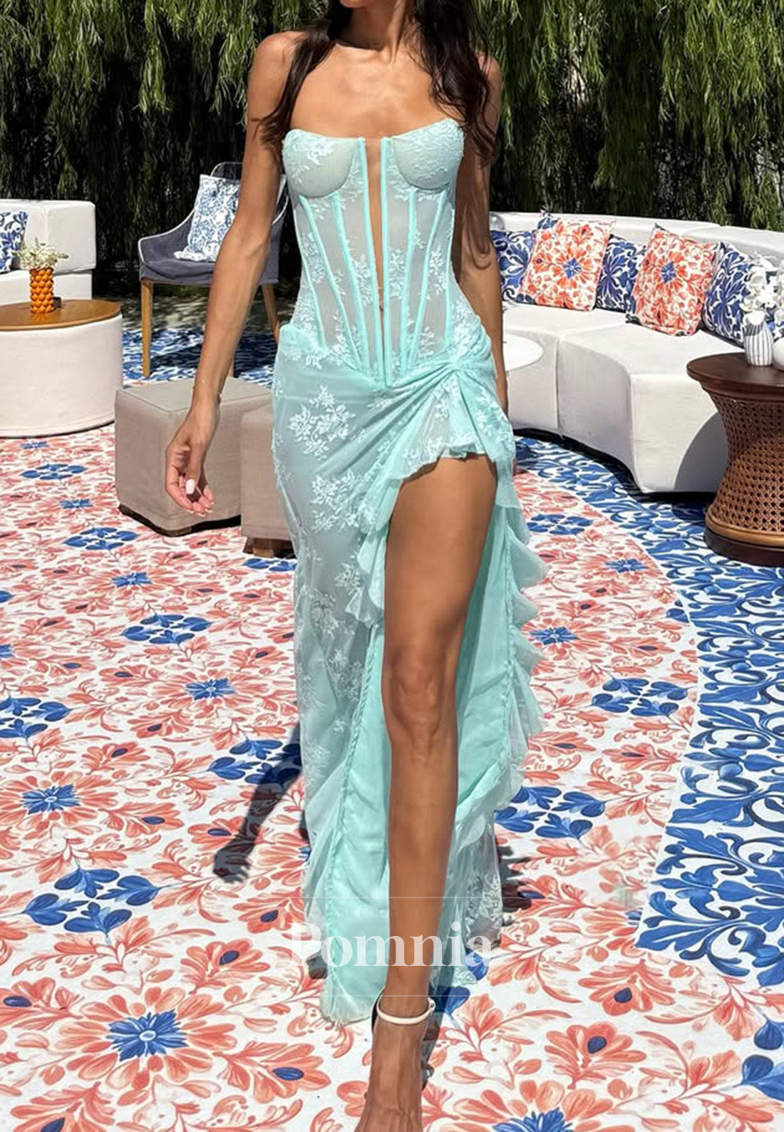 Mint Green Sleeveless Strapless Corset Tulle Prom Dress